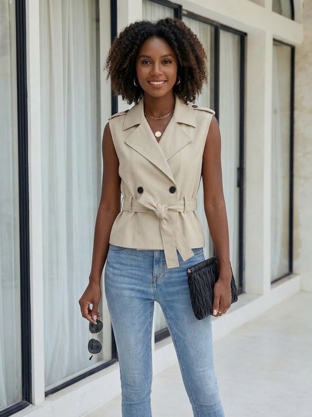 Womens Trench Vest Sleeveless Double Breasted Jacket - Medium